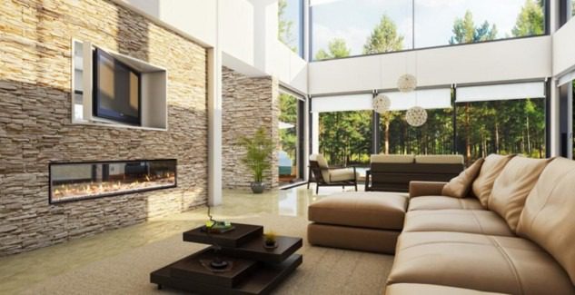 Διακόσμηση με φυσική πέτρα σε τοίχο σαλονιού
