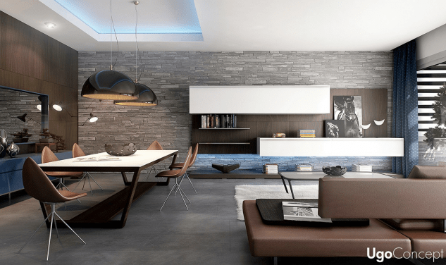 Διακόσμηση με φυσική πέτρα σε τοίχο σαλονιού